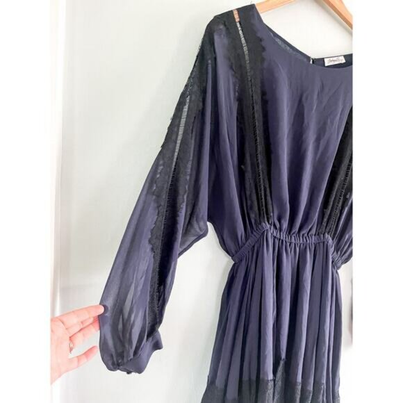 LoveShackFancy | Noelle Mini Dress | 100% Silk Lace Trim | Navy & Black | Sz S - Picture 5 of 13